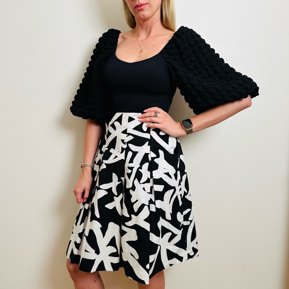 Vintage Diane Von Furstenberg Black White Abstract Pleated Cotton Midi Skirt